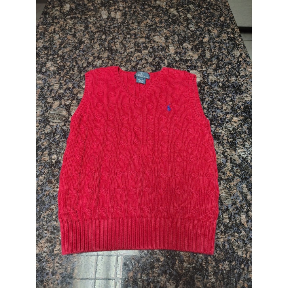 Polo Ralph Lauren Boys Red Cable Knit V-Neck Sweater Vest Size 6 Blue Pony Logo